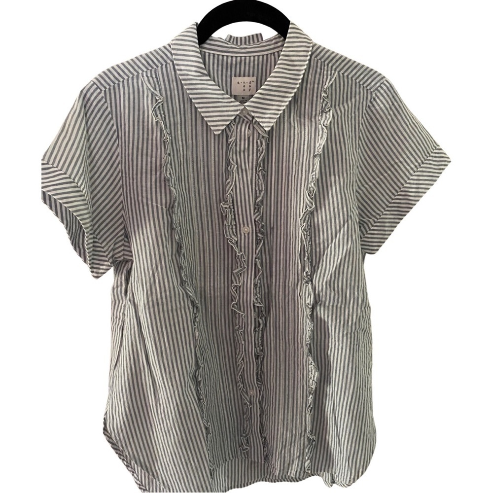 A New Day Blue Button down striped shirt with metallic threads and ruffles M